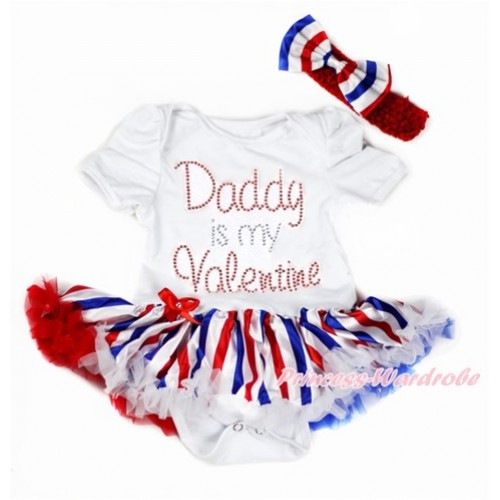Valentine's Day White Baby Bodysuit Jumpsuit Red White Royal Blue Striped Pettiskirt With Sparkle Crystal Bling Rhinestone Daddy is my Valentine Print With Red Headband Red White Royal Blue Striped Satin Bow JS2964 