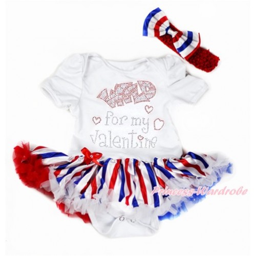 Valentine's Day White Baby Bodysuit Jumpsuit Red White Royal Blue Striped Pettiskirt With Sparkle Crystal Bling Rhinestone Wild for my Valentine Print With Red Headband Red White Royal Blue Striped Satin Bow JS2966 