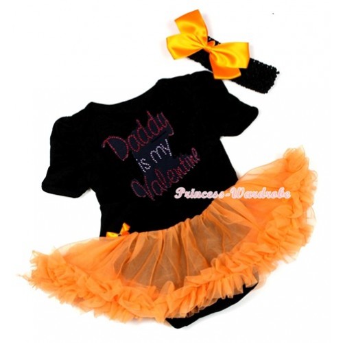 Valentine's Day Black Baby Bodysuit Jumpsuit Orange Pettiskirt With Sparkle Crystal Bling Rhinestone Daddy is my Valentine Print With Black Headband Orange Silk Bow JS2973 