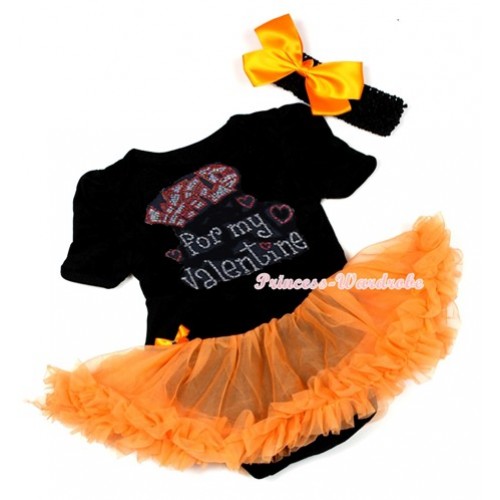 Valentine's Day Black Baby Bodysuit Jumpsuit Orange Pettiskirt With Sparkle Crystal Bling Rhinestone Wild for my Valentine Print With Black Headband Orange Silk Bow JS2975 