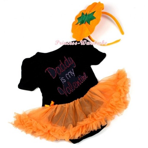 Valentine's Day Black Baby Jumpsuit Orange Pettiskirt With Sparkle Crystal Bling Rhinestone Daddy is my Valentine Print With Pumpkin Headband JS2976 