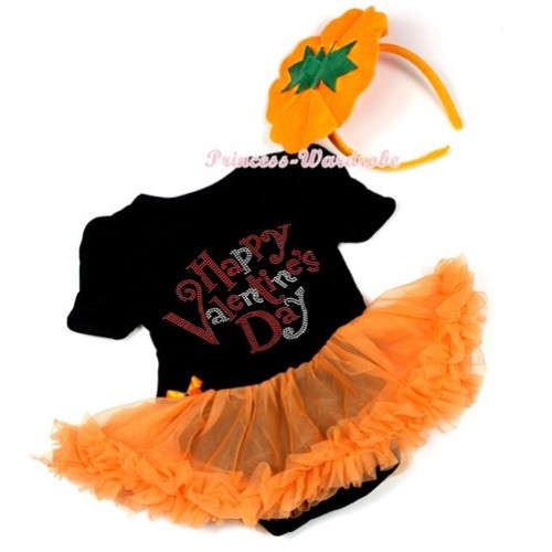 Valentine's Day Black Baby Jumpsuit Orange Pettiskirt With Sparkle Crystal Bling Rhinestone Happy Valentine's Day Print With Pumpkin Headband JS2977 