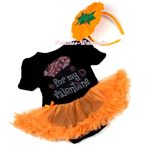 Valentine's Day Black Baby Jumpsuit Orange Pettiskirt With Sparkle Crystal Bling Rhinestone Wild for my Valentine Print With Pumpkin Headband JS2978 