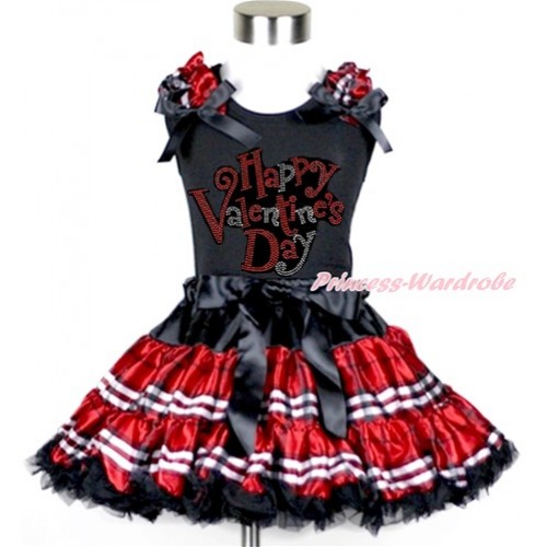 Valentine's Day Black Tank Top with Red Black Checked Ruffles & Black Bow with Sparkle Crystal Bling Rhinestone Happy Valentine's Day Print & Red Black Checked Pettiskirt MG970 