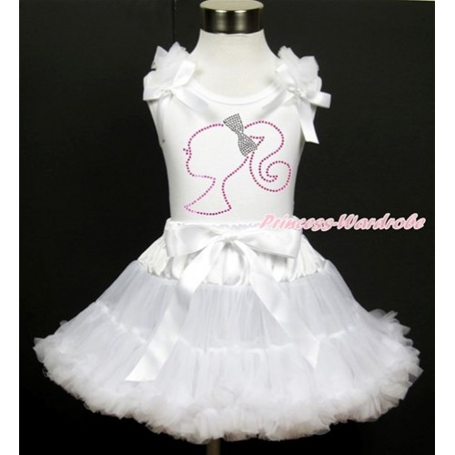 White Tank Top with White Ruffles & White Bow with Sparkle Crystal Bling Rhinestone Barbie Princess Print & White Pettiskirt MG982 