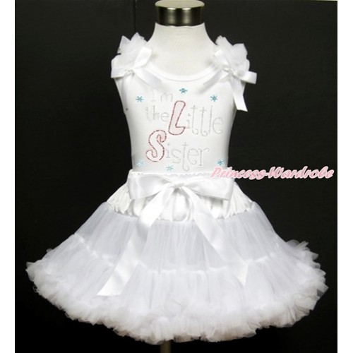 White Tank Top with White Ruffles & White Bow with Sparkle Crystal Bling Rhinestone I'm the Little Sister Print & White Pettiskirt MG983 