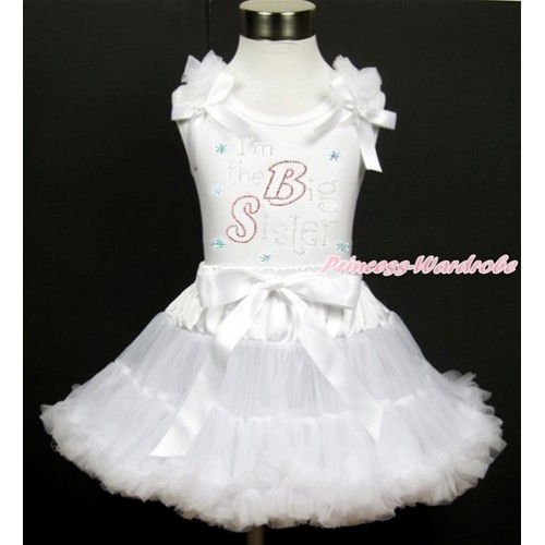 White Tank Top with White Ruffles & White Bow with Sparkle Crystal Bling Rhinestone I'm the Big Sister Print & White Pettiskirt MG984 