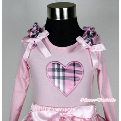 Light Pink Long Sleeves Top with Light Pink Checked Heart Print With Light Pink Checked Ruffles & Light Pink Bow TW328 