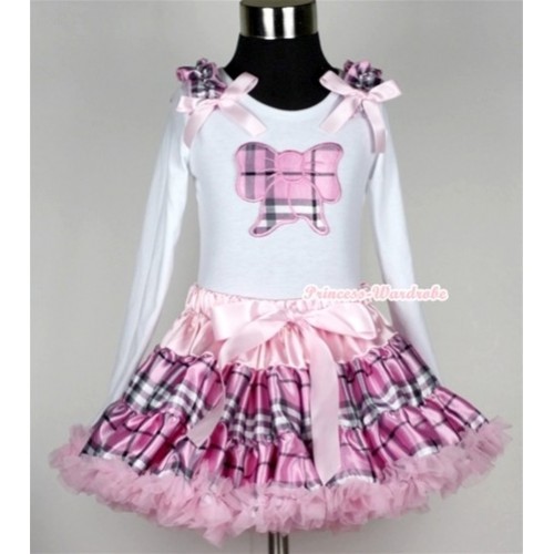 Light Pink Checked Pettiskirt with Light Pink Checked Butterfly Print White Long Sleeve Top with Light Pink Checked Ruffles and Light Pink Bow MW133 