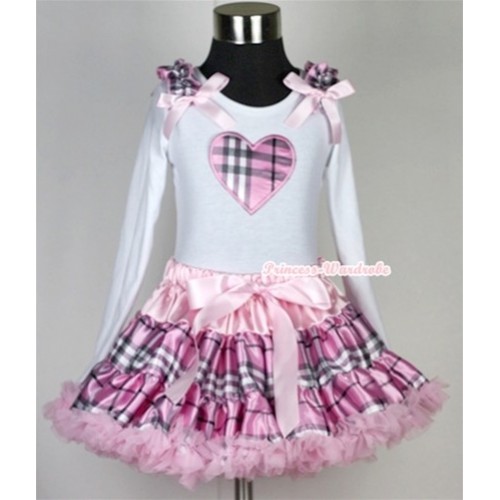 Light Pink Checked Pettiskirt with Light Pink Checked Heart Print White Long Sleeve Top with Light Pink Checked Ruffles and Light Pink Bow MW134 