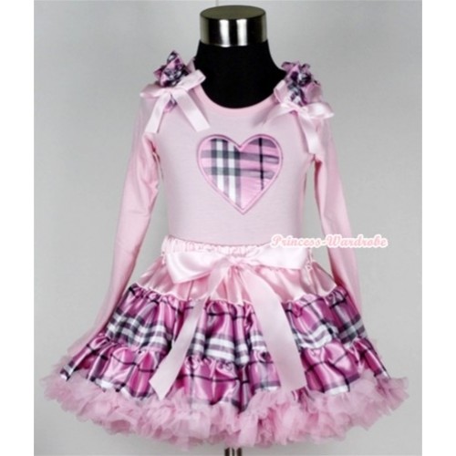 Light Pink Checked Pettiskirt with Light Pink Checked Heart Print Light Pink Long Sleeve Top with Light Pink Checked Ruffles and Light Pink Bow MW138 