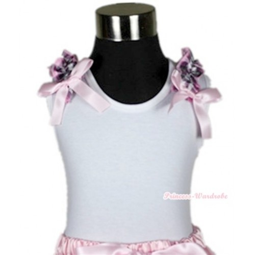 White Tank Top with Light Pink Checked Ruffles and Light Pink Bow T484 