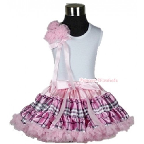 White Tank Top With a Bunch of Light Pink Rosettes& Light Pink Bow With Light Pink Checked Pettiskirt MG355 