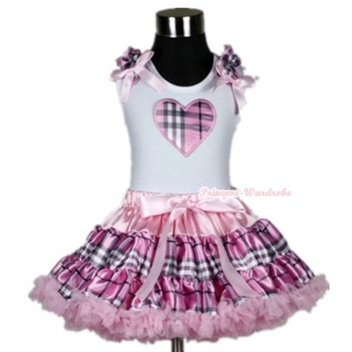 White Tank Top with Light Pink Checked Heart Print with Light Pink Checked Ruffles & Light Pink Bow& Light Pink Checked Pettiskirt MG356 