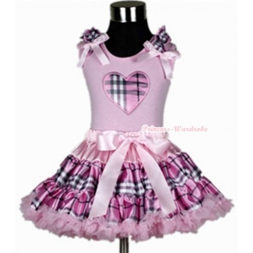 Light Pink Tank Top with Light Pink Checked Heart Print with Light Pink Checked Ruffles &Light Pink Bow With Light Pink Checked Pettiskirt M279 