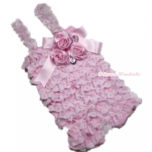 Light Pink Lace Ruffles Petti Rompers With Straps With Big Bow & Bunch Of Satin Rosettes& Crystal LR131 