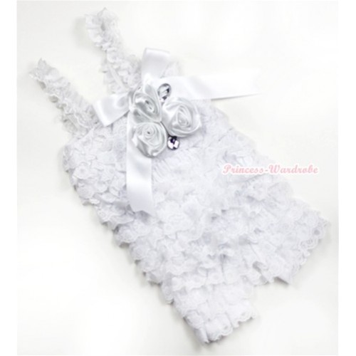 White Lace Ruffles Petti Rompers With Straps With Big Bow & Bunch Of Satin Rosettes& Crystal LR132 