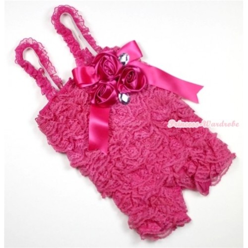 Hot Pink Lace Ruffles Petti Rompers With Straps With Big Bow & Bunch Of Satin Rosettes& Crystal LR134 