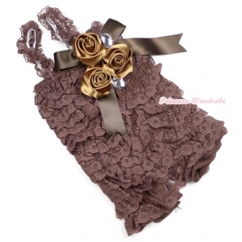 Brown Lace Ruffles Petti Rompers With Straps With Big Bow & Bunch Of Satin Rosettes& Crystal LR137 