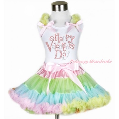 Valentine's Day White Tank Top with Yellow Ruffles & Light Pink Bow with Sparkle Crystal Bling Rhinestone Happy Valentine's Day Print & Light-Colored Rainbow Pettiskirt MG986 