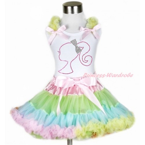 White Tank Top with Yellow Ruffles & Light Pink Bow with Sparkle Crystal Bling Rhinestone Barbie Princess Print & Light-Colored Rainbow Pettiskirt MG988 