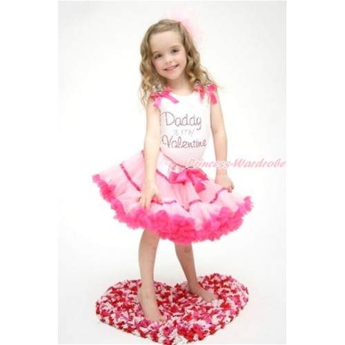 Valentine's Day White Tank Top with Zebra Ruffles & Hot Pink Bow with Sparkle Crystal Bling Rhinestone Daddy is my Valentine Print & Hot Light Pink Trim Pettiskirt MG992 