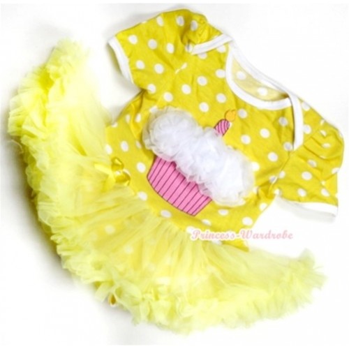 Yellow White Polka Dots Baby Jumpsuit Yellow Pettiskirt with White Rosettes Birthday Cake Print JS173 