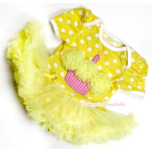 Yellow White Polka Dots Baby Jumpsuit Yellow Pettiskirt with Yellow Rosettes Birthday Cake Print JS174 