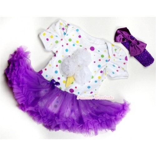 White Rainbow Polka Dots Baby Jumpsuit Dark Purple Pettiskirt With White Rosettes Ice Cream Print With Dark Purple Headband Dark Purple Satin Bow JS204 