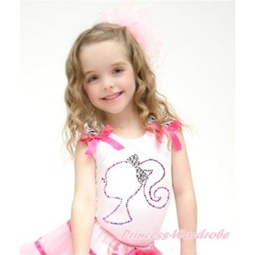 White Tank Top With Zebra Ruffles & Hot Pink Bow With Sparkle Crystal Bling Rhinestone Barbie Princess Print TB589 