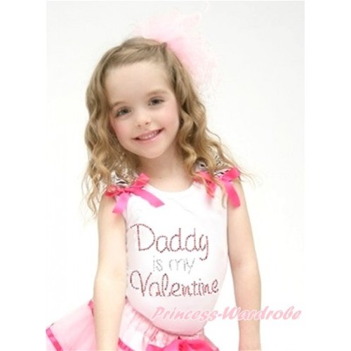 Valentine's Day White Tank Top With Zebra Ruffles & Hot Pink Bow With Sparkle Crystal Bling Rhinestone Daddy is my Valentine Print TB590 