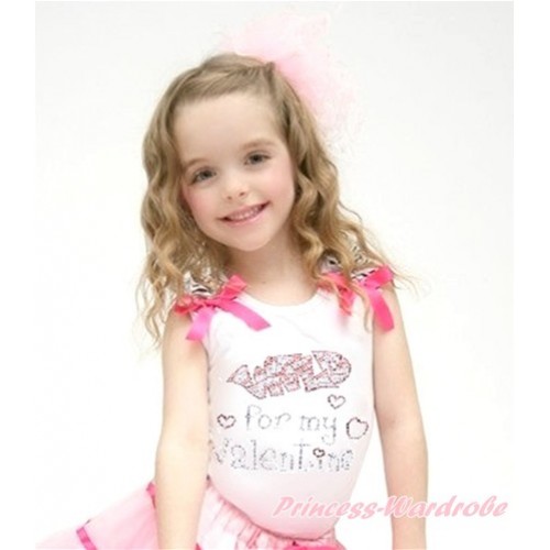 Valentine's Day White Tank Top With Zebra Ruffles & Hot Pink Bow With Sparkle Crystal Bling Rhinestone Wild for my Valentine Print TB592 