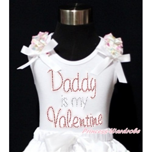 Valentine's Day White Tank Top With White Rainbow Dots Ruffles & White Bow With Sparkle Crystal Bling Rhinestone Daddy is my Valentine Print TB593 