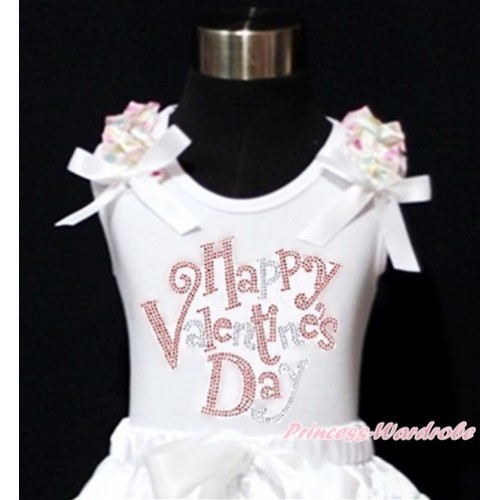 Valentine's Day White Tank Top With White Rainbow Dots Ruffles & White Bow With Sparkle Crystal Bling Rhinestone Happy Valentine's Day Print TB594 