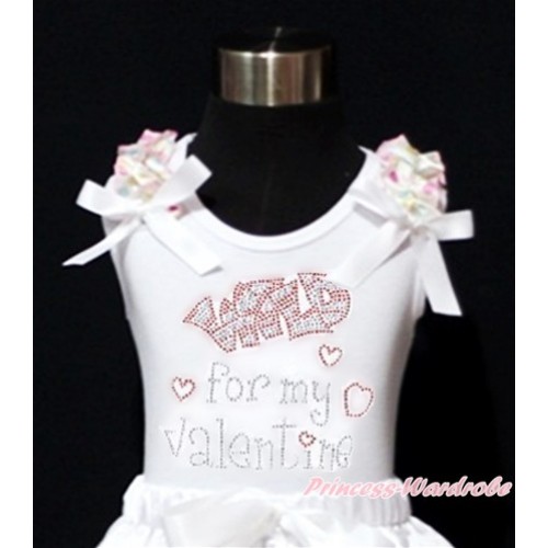 Valentine's Day White Tank Top With White Rainbow Dots Ruffles & White Bow With Sparkle Crystal Bling Rhinestone Wild for my Valentine Print TB595 