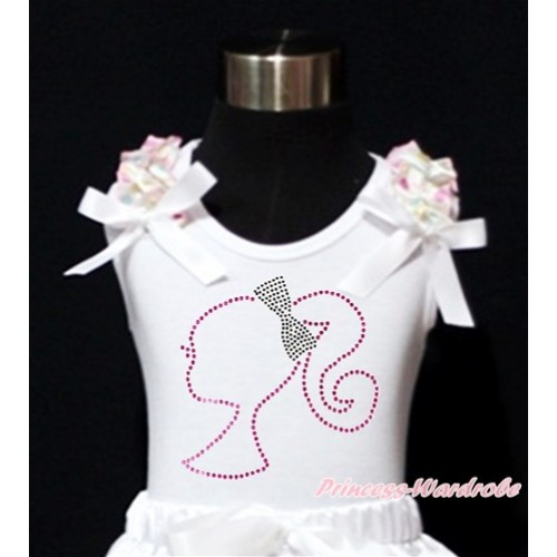 White Tank Top With White Rainbow Dots Ruffles & White Bow With Sparkle Crystal Bling Rhinestone Barbie Princess Print TB596 