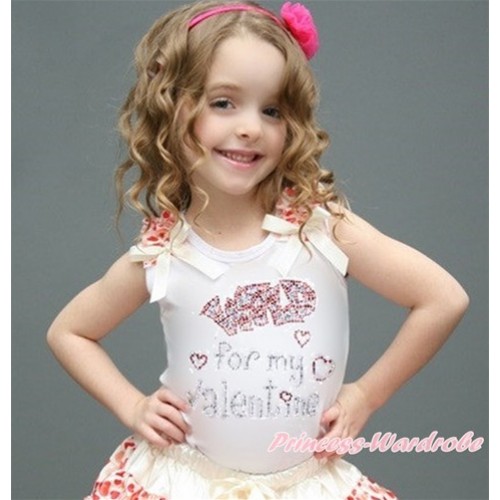 Valentine's Day White Tank Top With Cream White Heart Ruffles & Cream White Bow With Sparkle Crystal Bling Rhinestone Wild for my Valentine Print TB599 
