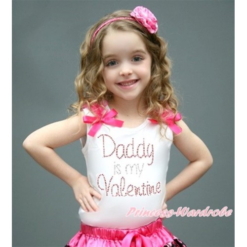 Valentine's Day White Tank Top With Hot Pink Ruffles & Hot Pink Bow With Sparkle Crystal Bling Rhinestone Daddy is my Valentine Print TB601 