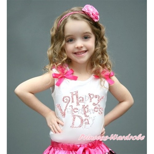 Valentine's Day White Tank Top With Hot Pink Ruffles & Hot Pink Bow With Sparkle Crystal Bling Rhinestone Happy Valentine's Day Print TB602 