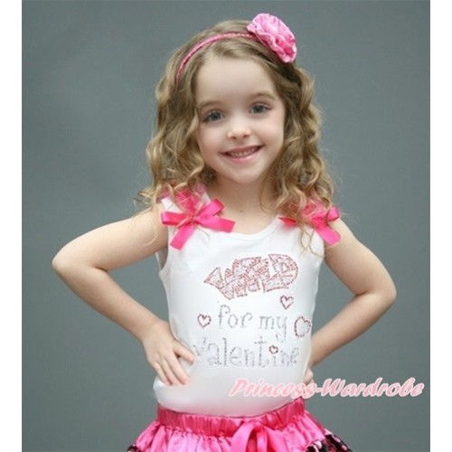Valentine's Day White Tank Top With Hot Pink Ruffles & Hot Pink Bow With Sparkle Crystal Bling Rhinestone Wild for my Valentine Print TB603 