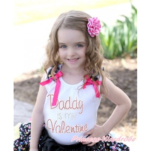 Valentine's Day White Tank Top With Black Rainbow Dots Ruffles & Hot Pink Bow With Sparkle Crystal Bling Rhinestone Daddy is my Valentine Print TB604 