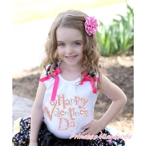 Valentine's Day White Tank Top With Black Rainbow Dots Ruffles & Hot Pink Bow With Sparkle Crystal Bling Rhinestone Happy Valentine's Day Print TB605 