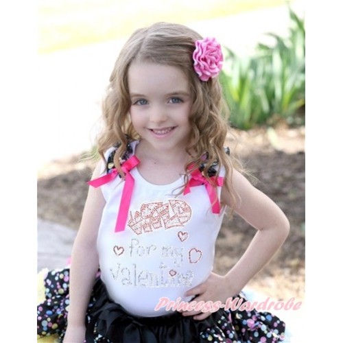 Valentine's Day White Tank Top With Black Rainbow Dots Ruffles & Hot Pink Bow With Sparkle Crystal Bling Rhinestone Wild for my Valentine Print TB606 