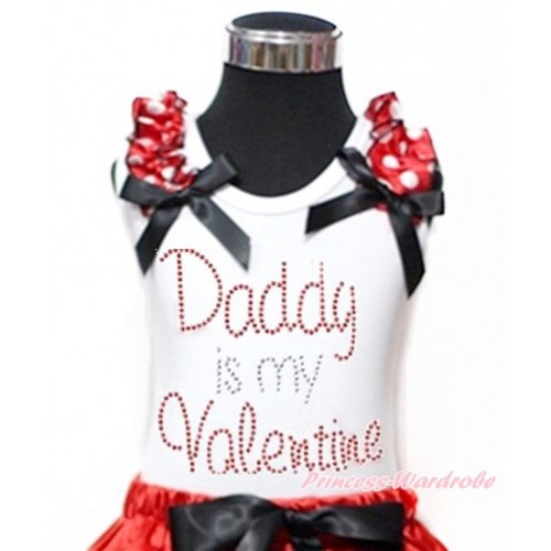 Valentine's Day White Tank Top With Minnie Dots Ruffles & Black Bow With Sparkle Crystal Bling Rhinestone Daddy is my Valentine Print TB607 