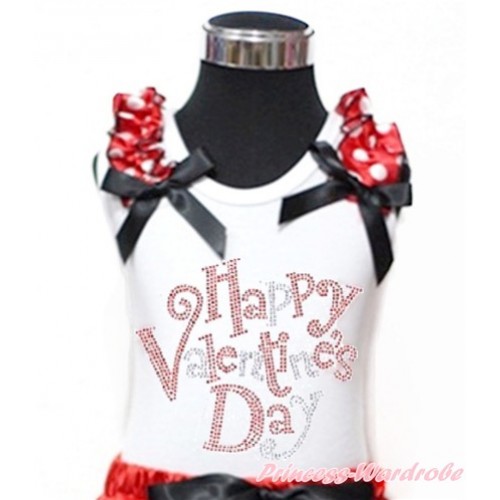 Valentine's Day White Tank Top With Minnie Dots Ruffles & Black Bow With Sparkle Crystal Bling Rhinestone Happy Valentine's Day Print TB608 