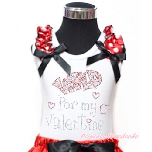 Valentine's Day White Tank Top With Minnie Dots Ruffles & Black Bow With Sparkle Crystal Bling Rhinestone Wild for my Valentine Print TB609 