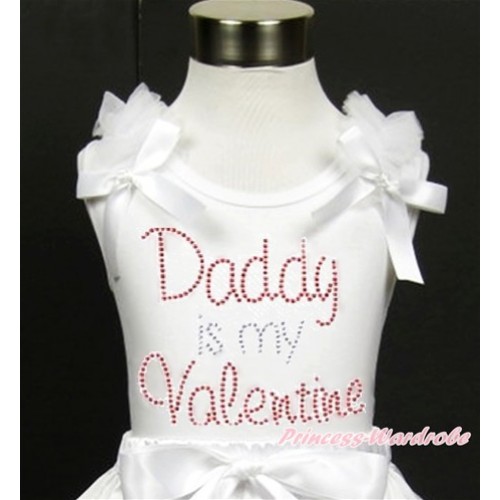 Valentine's Day White Tank Top With White Ruffles & White Bow With Sparkle Crystal Bling Rhinestone Daddy is my Valentine Print TB610 