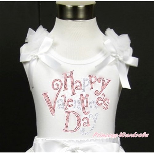 Valentine's Day White Tank Top With White Ruffles & White Bow With Sparkle Crystal Bling Rhinestone Happy Valentine's Day Print TB611 