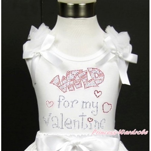 Valentine's Day White Tank Top With White Ruffles & White Bow With Sparkle Crystal Bling Rhinestone Wild for my Valentine Print TB612 