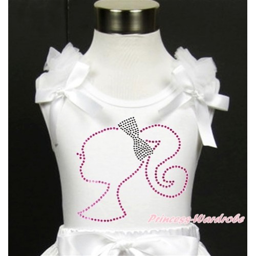 White Tank Top With White Ruffles & White Bow With Sparkle Crystal Bling Rhinestone Barbie Princess Print TB613 